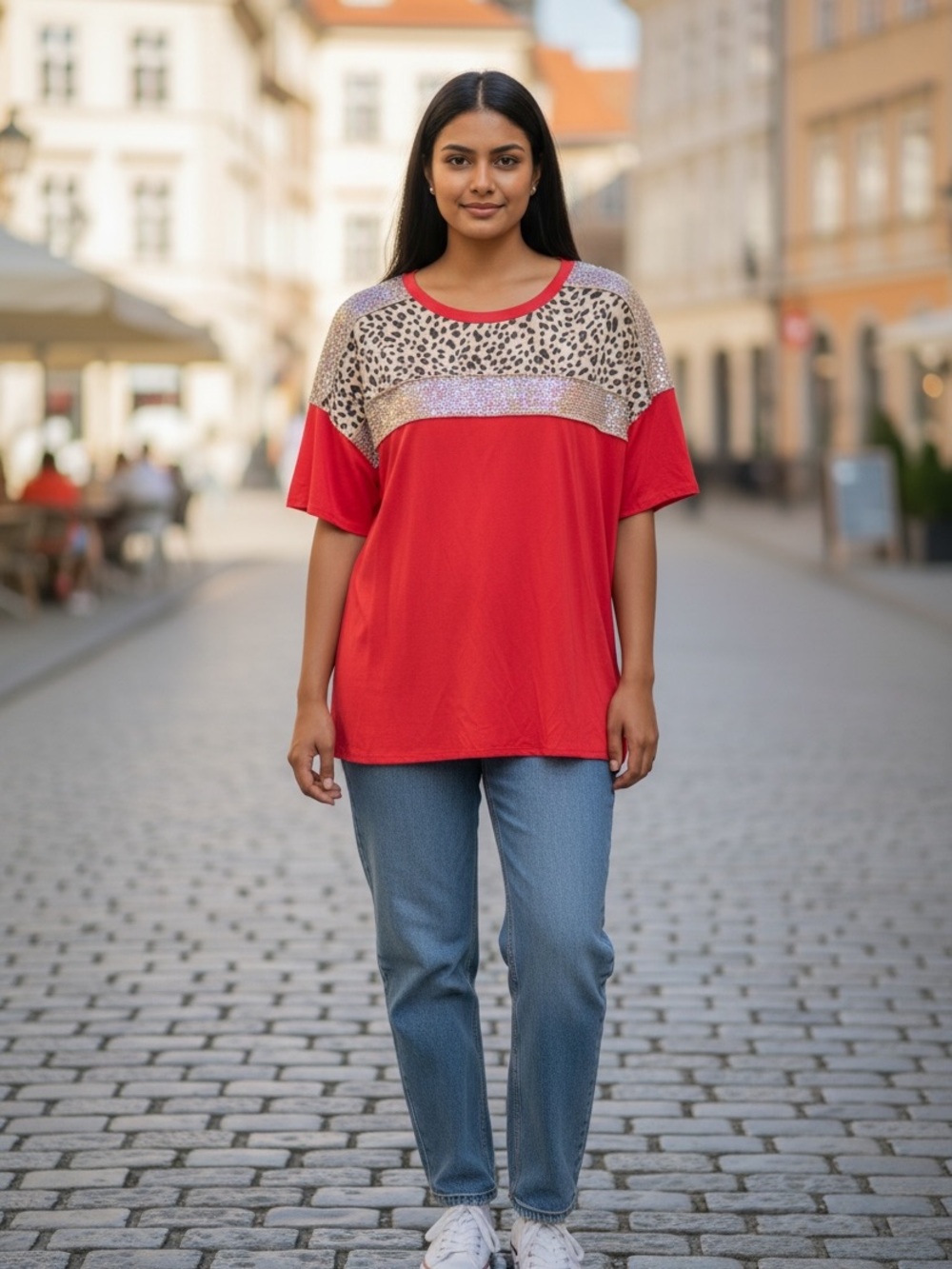 Hemish Lg Pink Leopard Sequin Short Sleeve Top